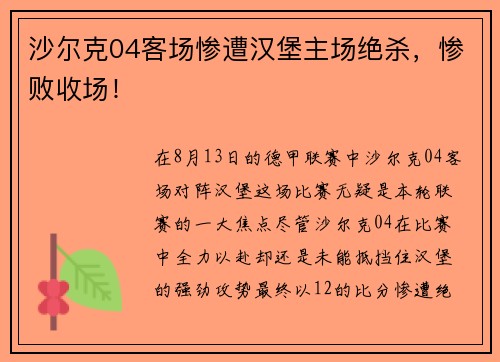沙尔克04客场惨遭汉堡主场绝杀，惨败收场！