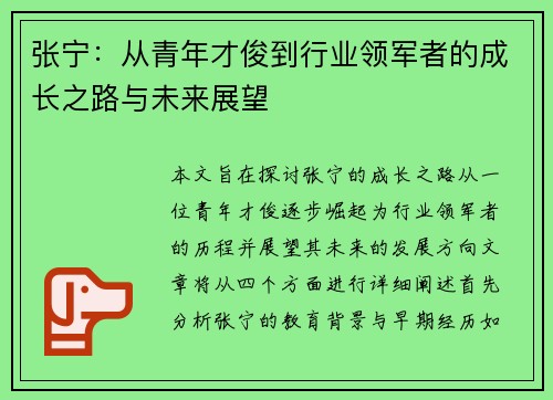 张宁：从青年才俊到行业领军者的成长之路与未来展望