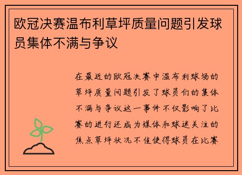 欧冠决赛温布利草坪质量问题引发球员集体不满与争议
