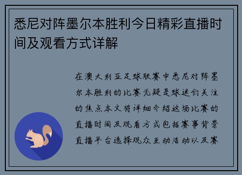 悉尼对阵墨尔本胜利今日精彩直播时间及观看方式详解