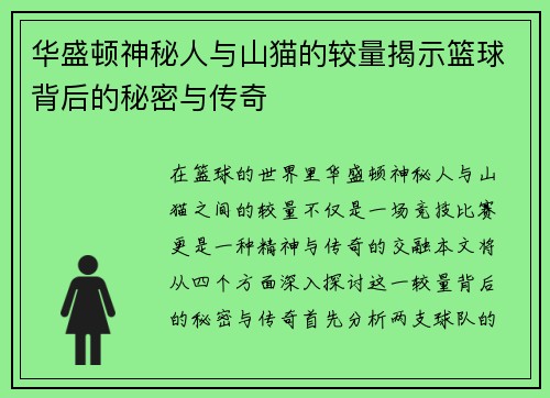 华盛顿神秘人与山猫的较量揭示篮球背后的秘密与传奇