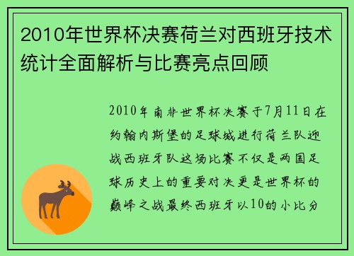 2010年世界杯决赛荷兰对西班牙技术统计全面解析与比赛亮点回顾