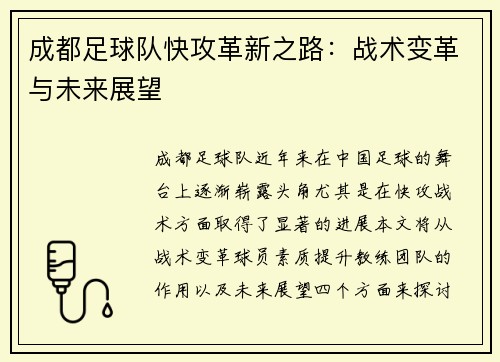 成都足球队快攻革新之路：战术变革与未来展望