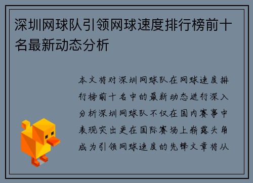 深圳网球队引领网球速度排行榜前十名最新动态分析