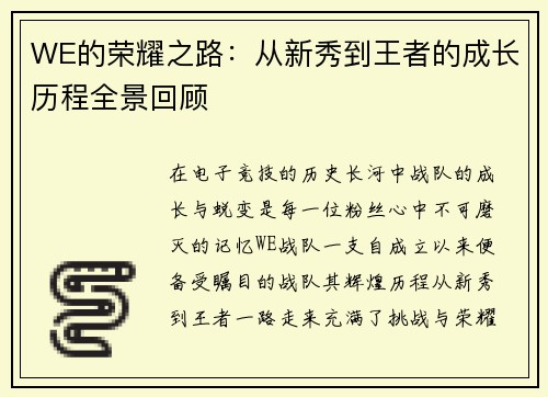 WE的荣耀之路：从新秀到王者的成长历程全景回顾