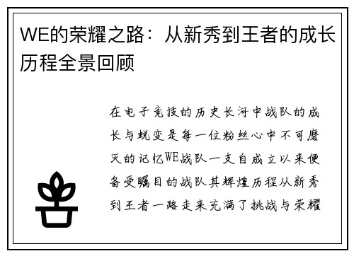 WE的荣耀之路：从新秀到王者的成长历程全景回顾