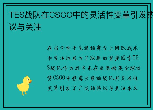 TES战队在CSGO中的灵活性变革引发热议与关注