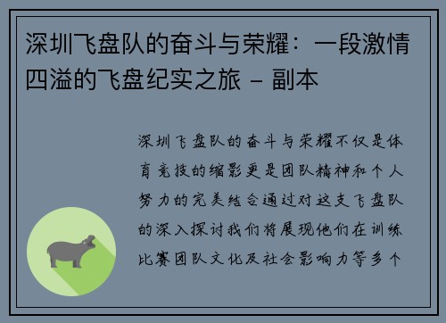 深圳飞盘队的奋斗与荣耀：一段激情四溢的飞盘纪实之旅 - 副本