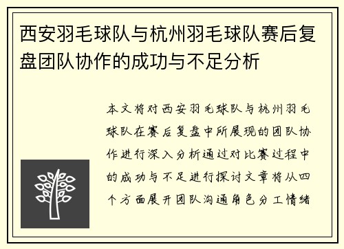 西安羽毛球队与杭州羽毛球队赛后复盘团队协作的成功与不足分析