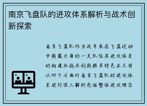 南京飞盘队的进攻体系解析与战术创新探索